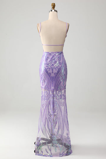 Light Purple Backless Ball Dress with Sequins